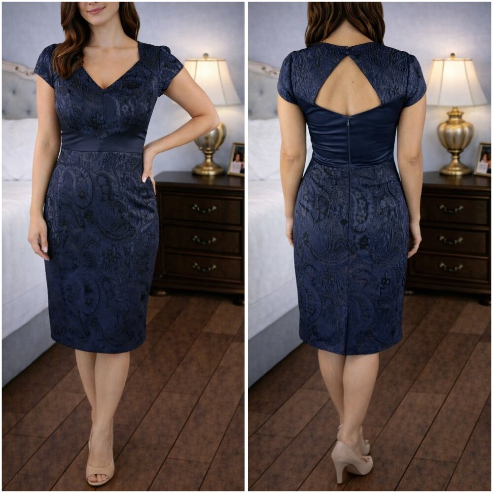Theia Navy Blue Black Jacquard Dress $695